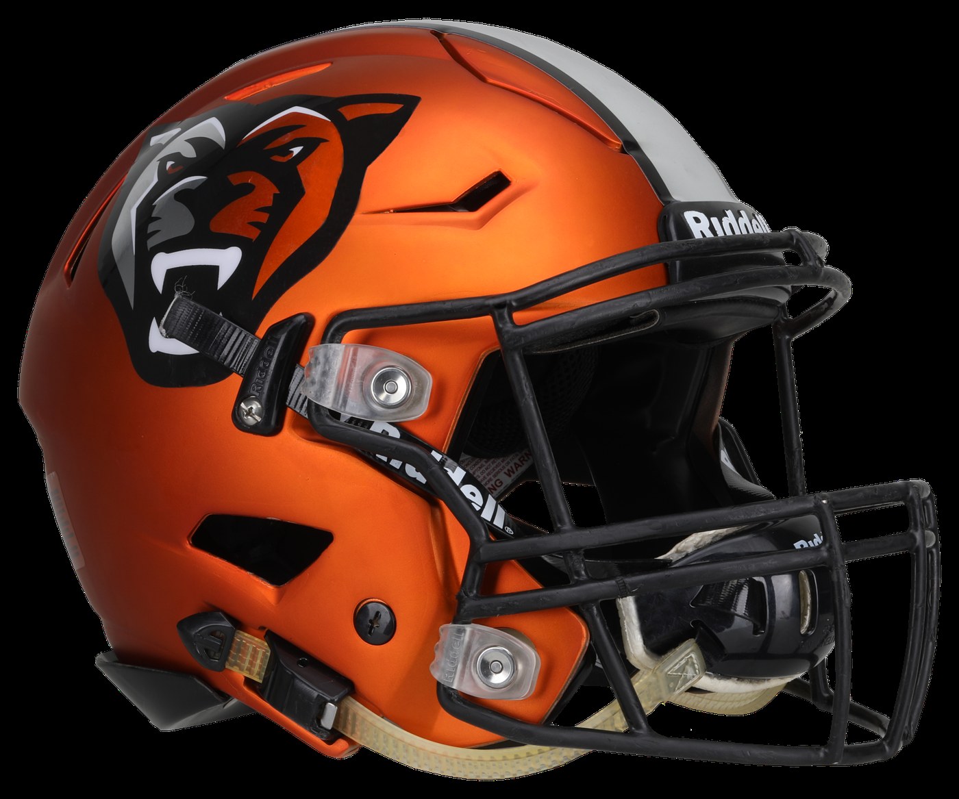 Orange High Panthers game helmet — satin orange with the panther on the side and silver stripe down the middle