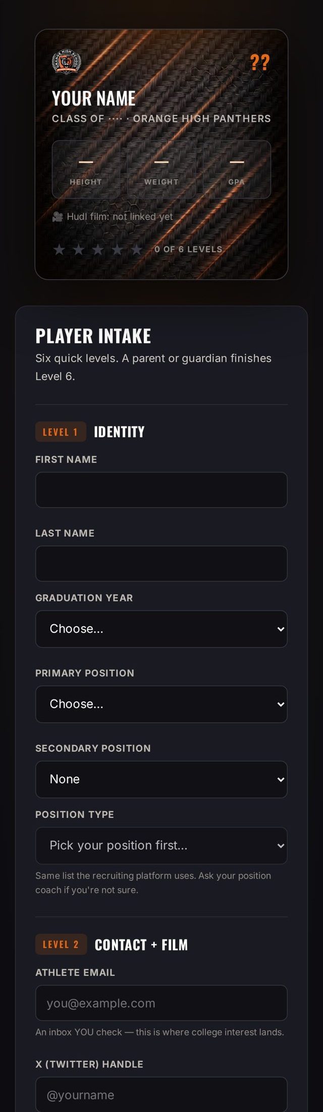 Build Your Player Card — the intake form on a phone