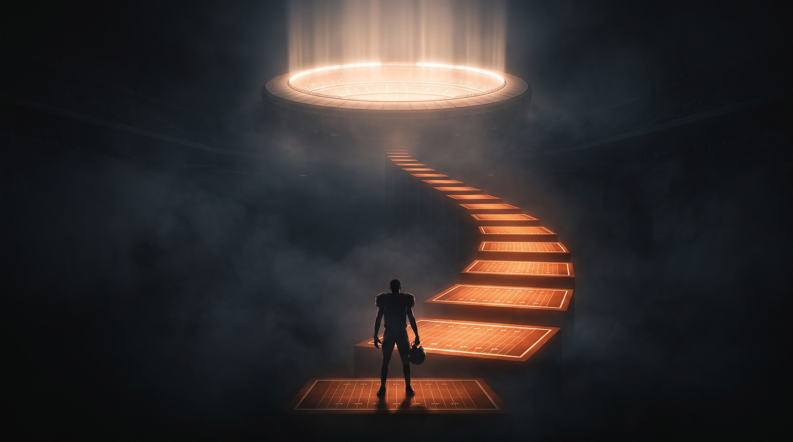 A player at the base of a rising staircase of glowing football fields leading to a college stadium